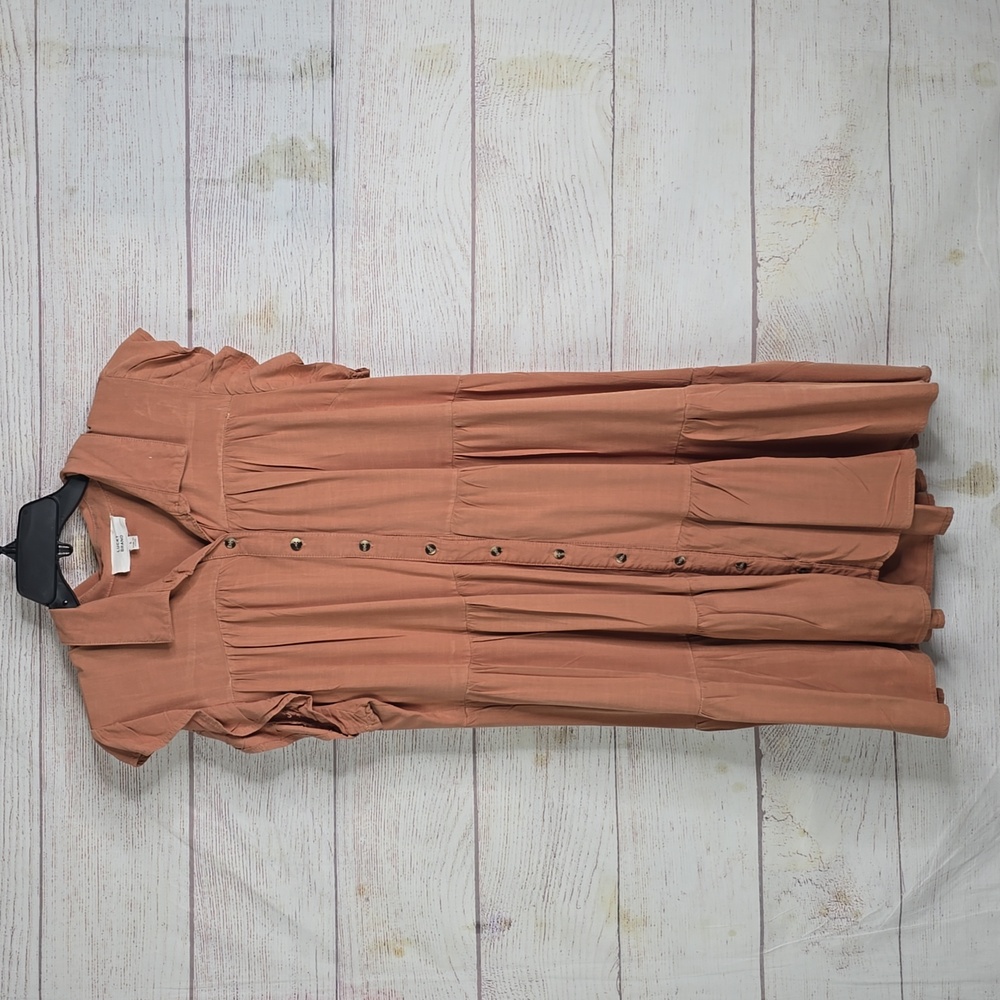LUCKY Brand Flutter Sleeves Tiered Mocha Mousse Buttown Down Dress Sz L